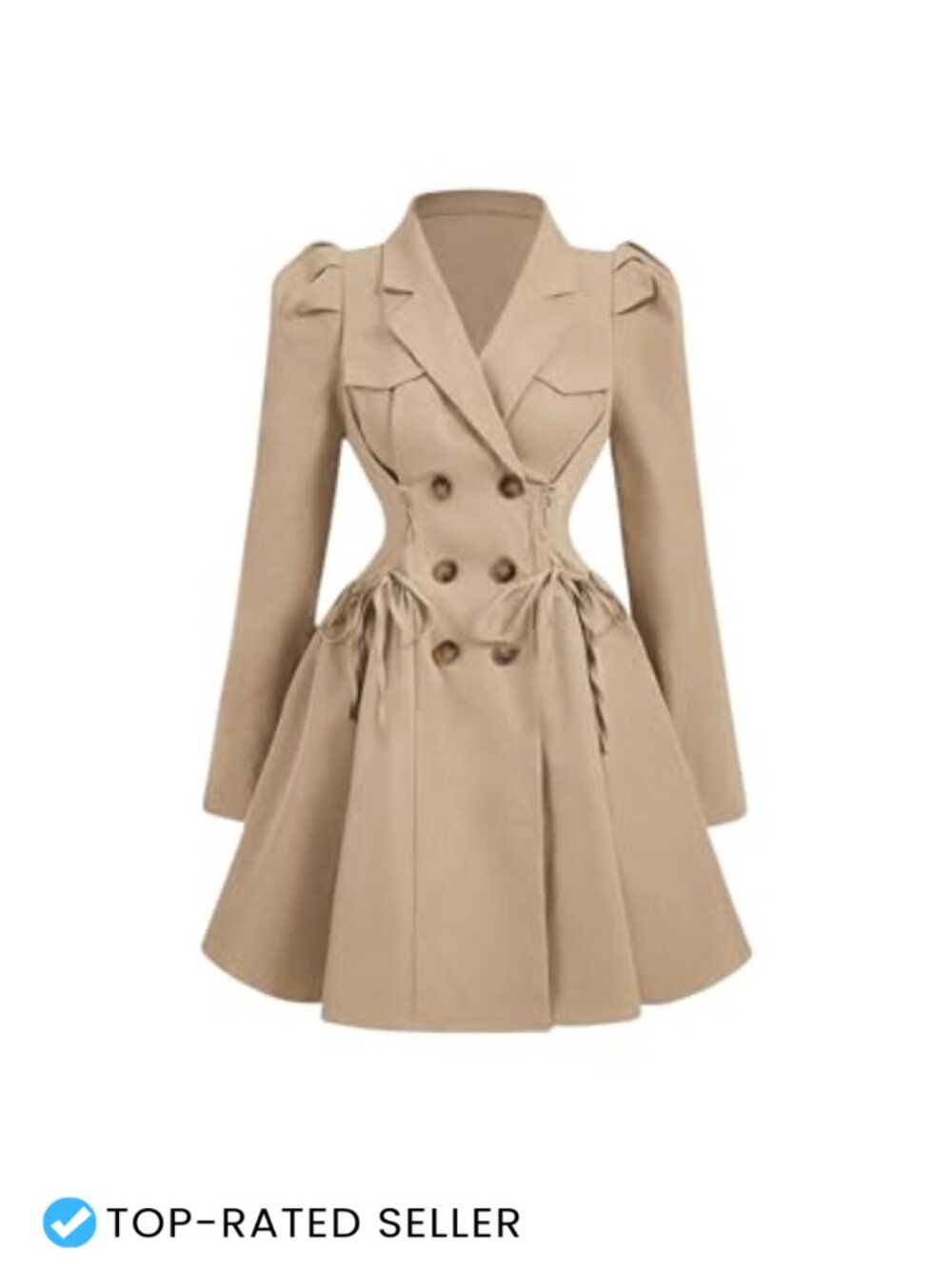 Women Trench Coat Lapel Double Breasted Puff Sleeve Knee Length Outerwear